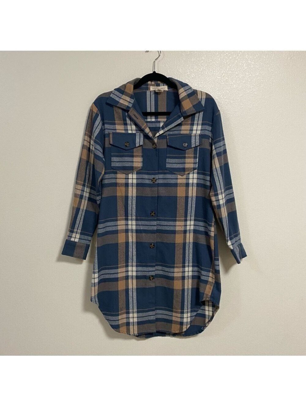 Happily Grey Dress Women’s Size XS Blue Plaid Flannel Shirt Dress